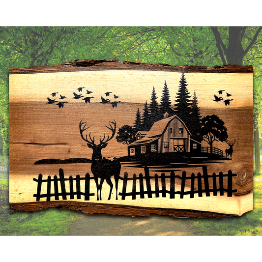 Painting of Deer with a Barn on Live Edge Wood